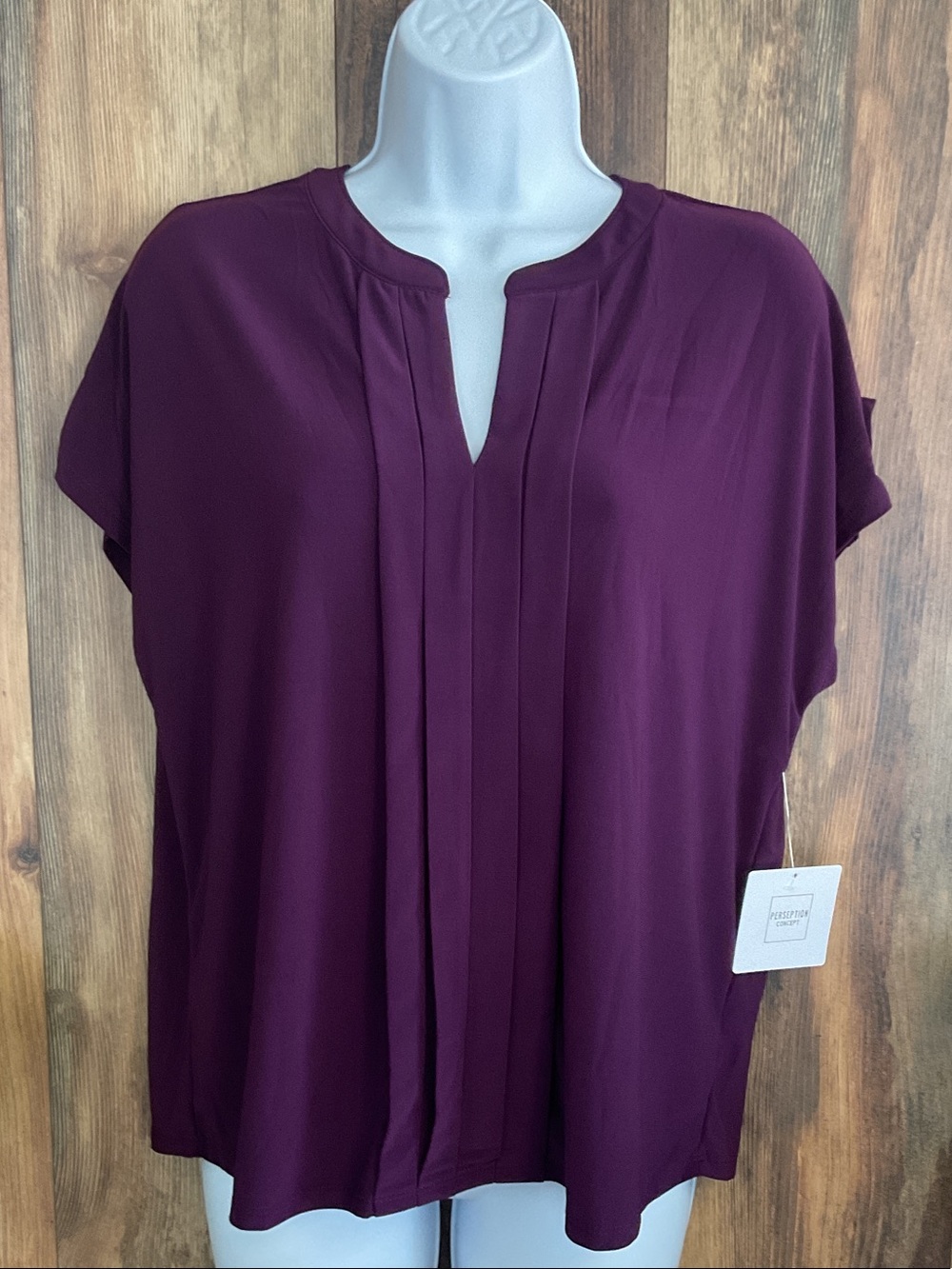 PerSeption Concept Plum Pleated V-Neck Short Sleeve Blouse S C237